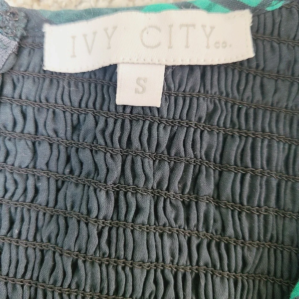 Ivy City Co Plaid Smocked Jumpsuit S Green Blue Puff Sleeve Square Ruffle Neck - Picture 7 of 11